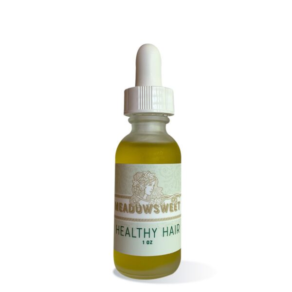 Frosted glass dropper bottle containing Healthy Hair Oil.