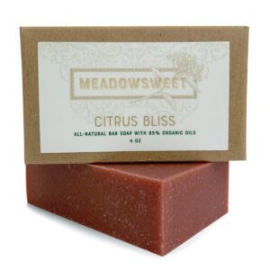 Small brown box with white label. Citrus Bliss Bar Soap underneath.
