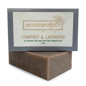 Small gray box with white label. Comfrey & Lavender Bar Soap underneath.