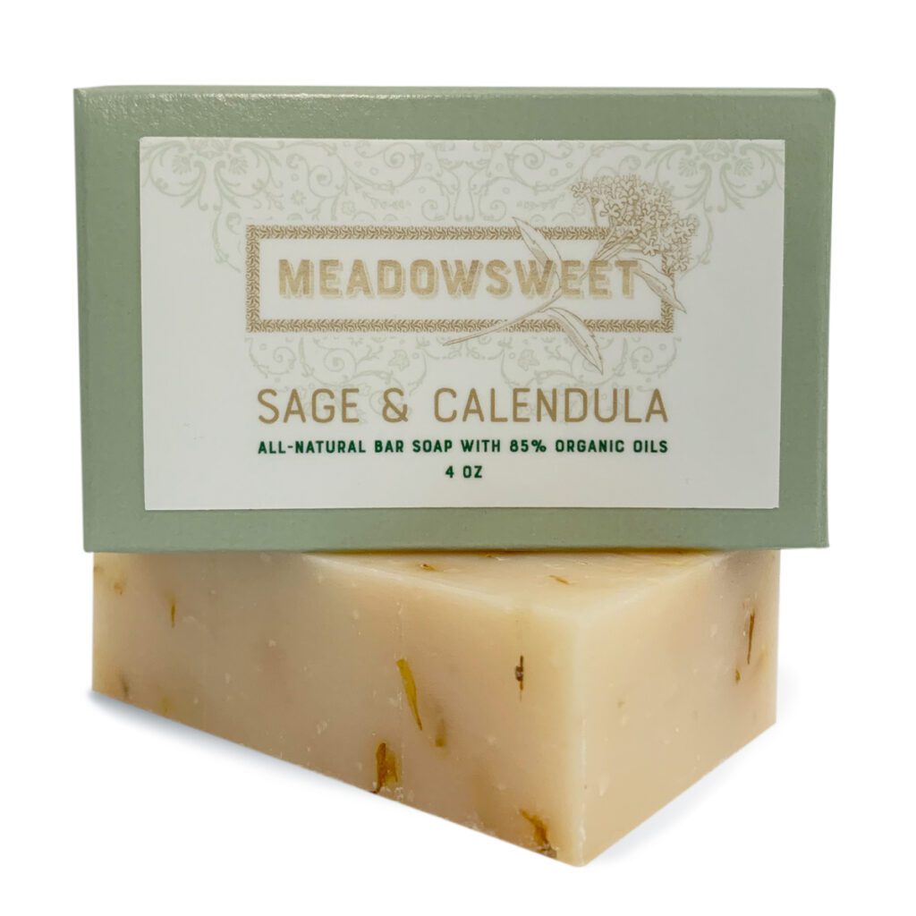 Light green box with green label. Sage & Calendula bar soap underneath.