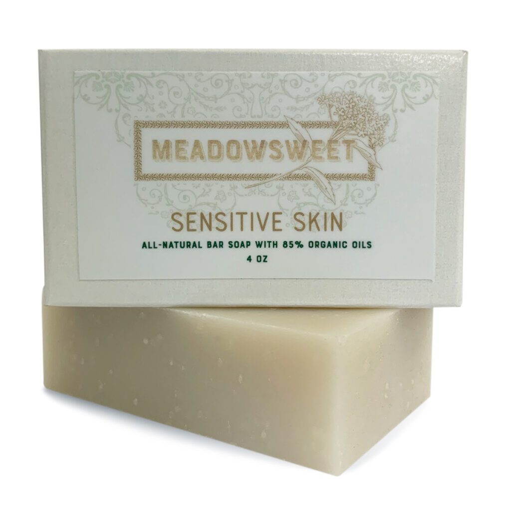 Small box with white label with Sensitive Skin Bar Soap beneath it.