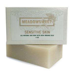 Small box with white label with Sensitive Skin Bar Soap beneath it.