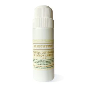 A 3 oz plastic container contains a liniment extract of Comfrey, Cottonwood and Yarrow with essential oils