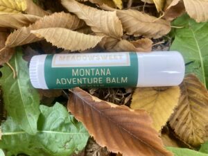 A white lip balm tube with a green label with the words Montana Adventure Balm on it sits on a bed of green and gold fall leaves.